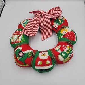 Vintage Handmade Fabric Stuffed Christmas Wreath Santa Drum Angel Candy Cane 13”